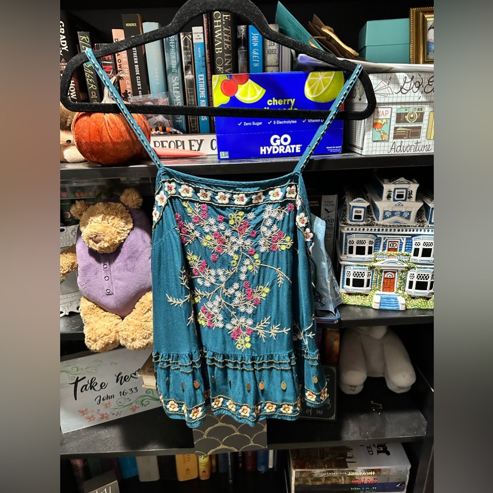 Teal embroidered Anthropologie tank top